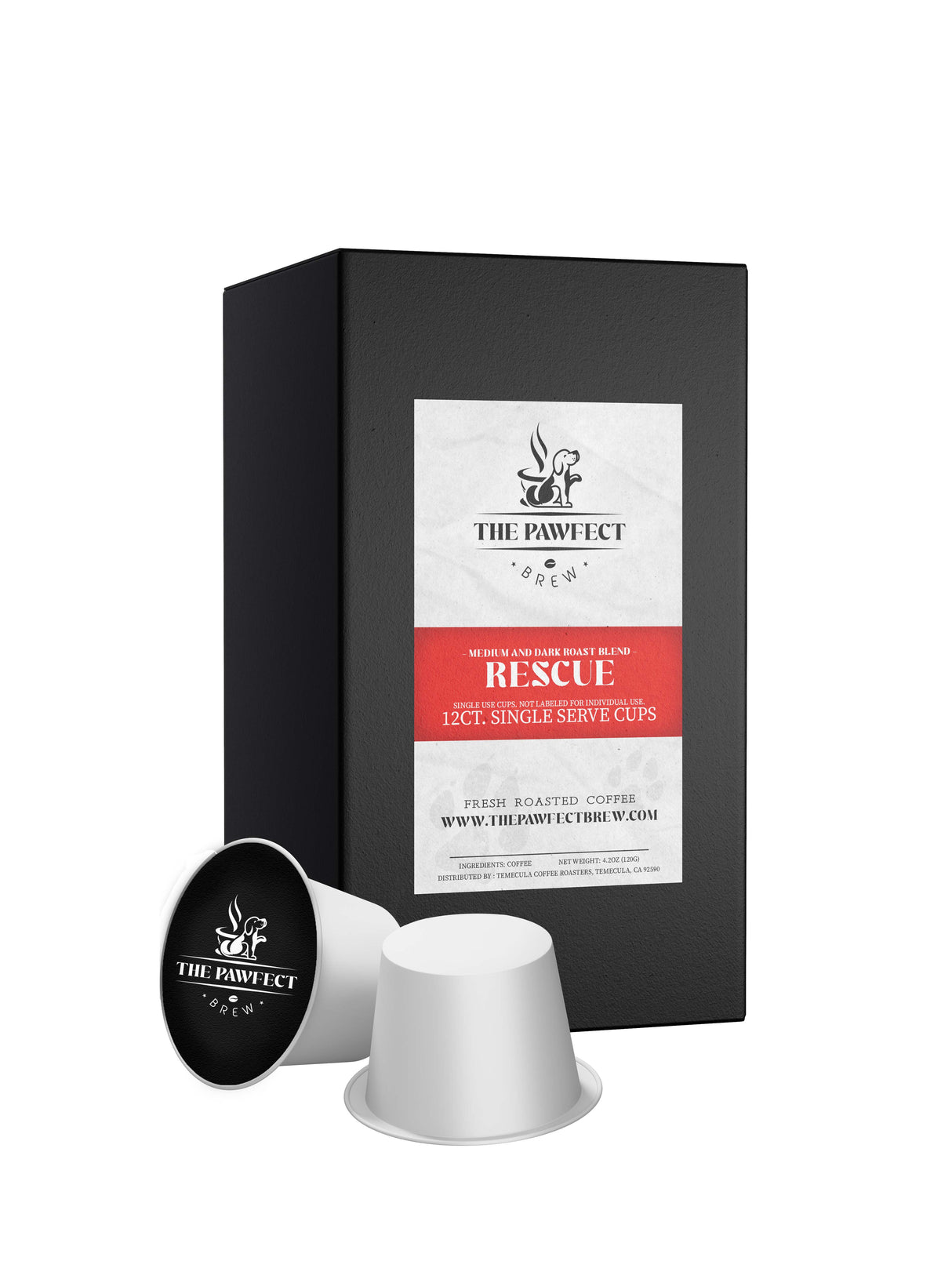 Rescue Blend K-Cups Medium Blend packaging from The Pawfect Brew with single serve cups.
