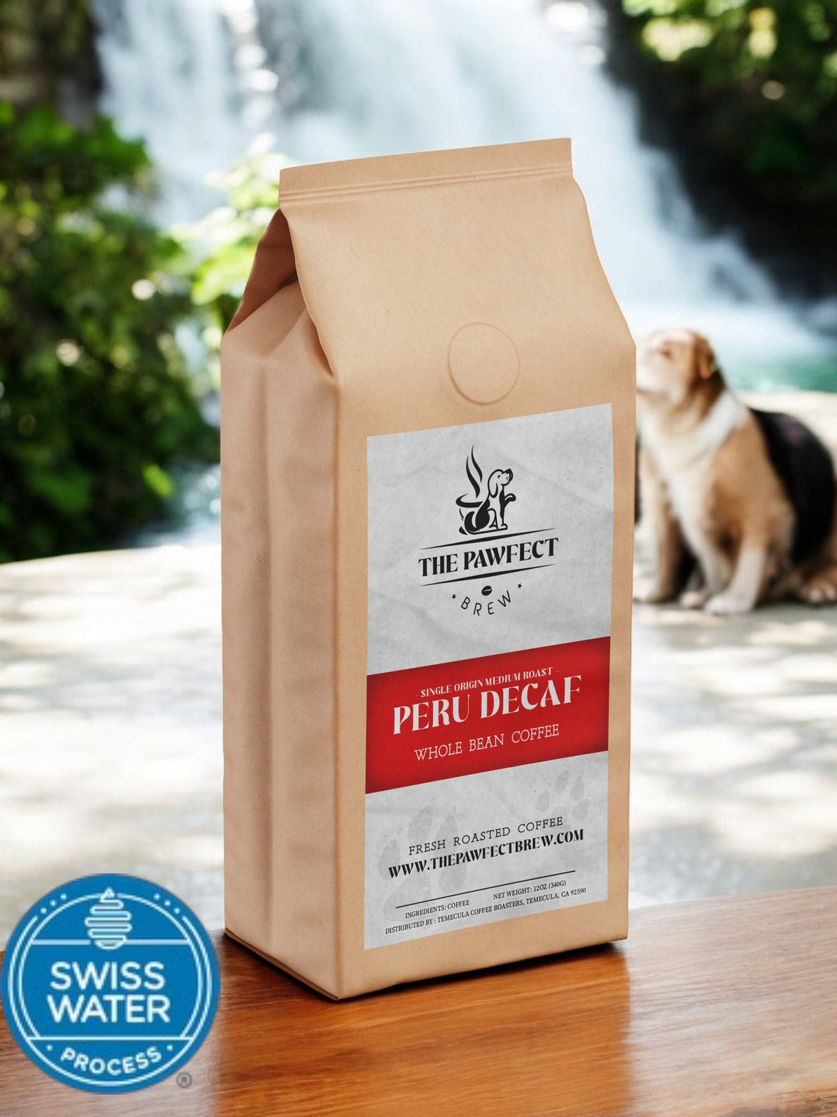 Peru Decaf coffee bag showcasing Swiss Water process, emphasizing medium roast and balanced flavor.