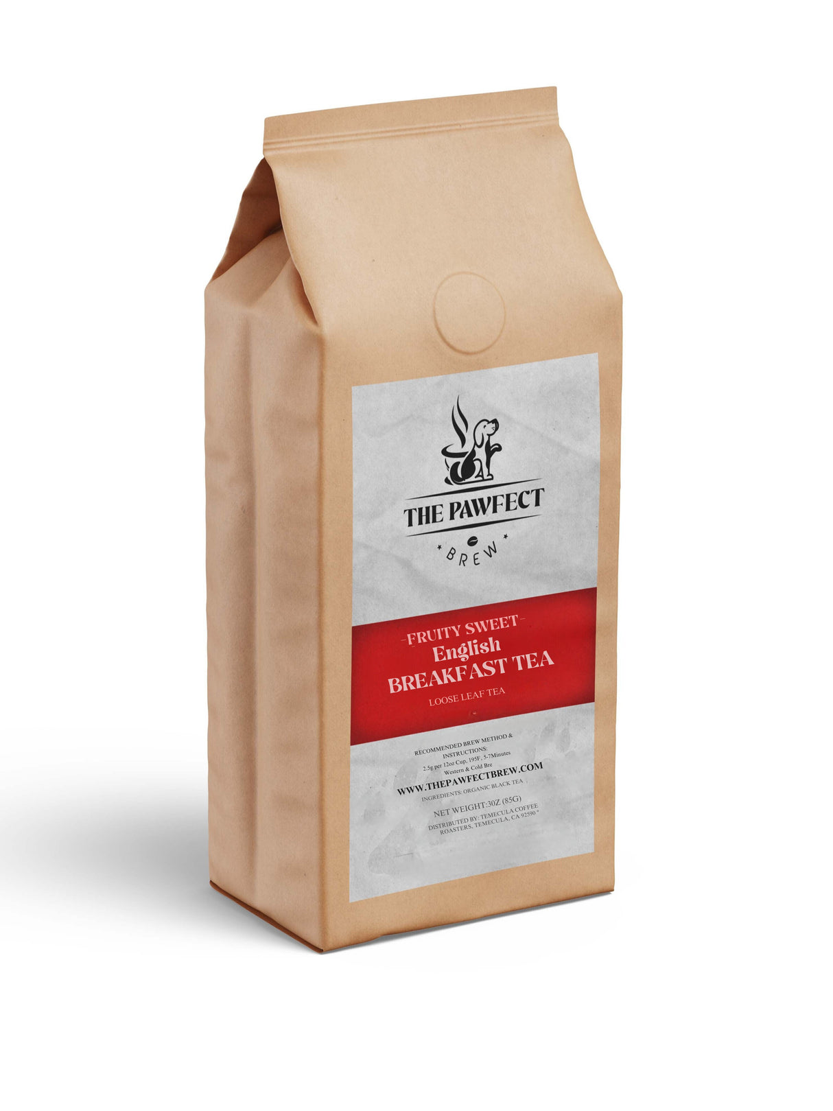 Brown paper bag of The Pawfect English Breakfast Tea, labeled as fruity and sweet, perfect for milk and sugar.