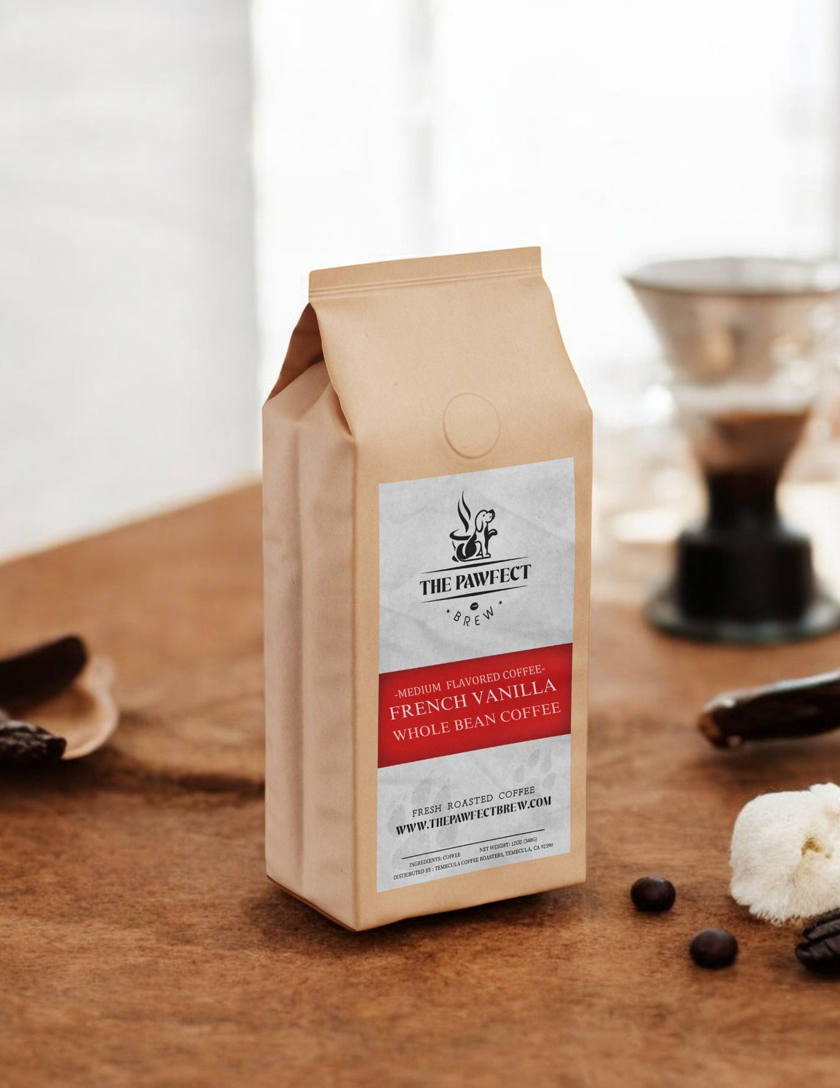 French Vanilla whole bean coffee bag, featuring medium roast and aromatic flavor, perfect for cozy moments.