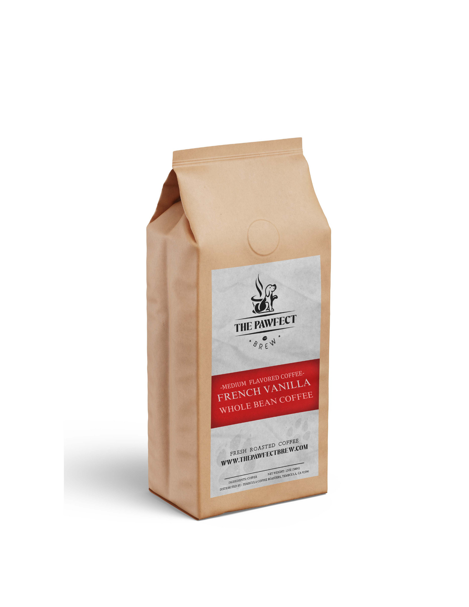 Bag of The Pawfect French Vanilla whole bean coffee, medium roast, smooth and aromatic blend for a cozy coffee experience.