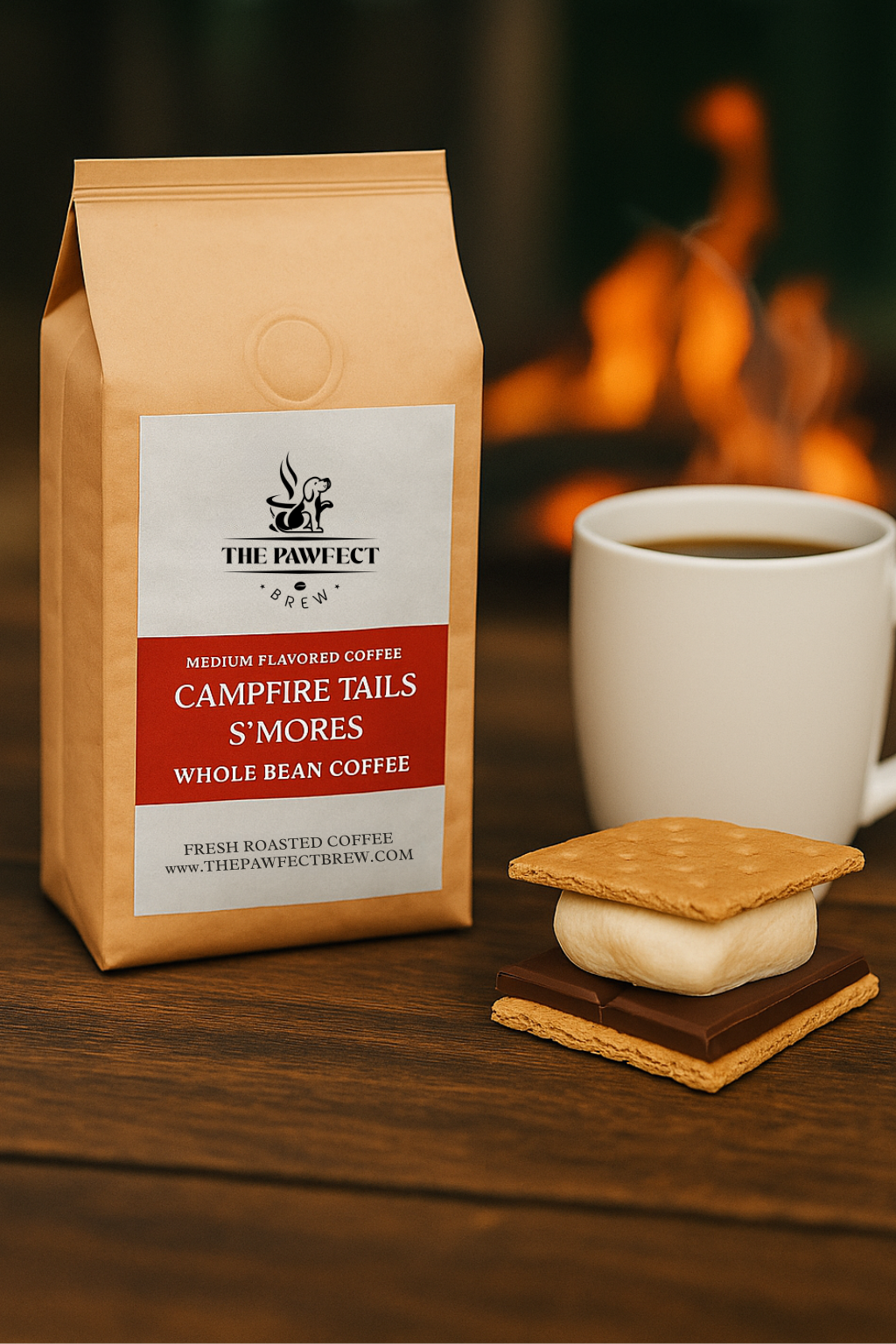 Packaging of Campfire Tails S'mores Medium Flavored Coffee next to a cup on a wooden table with a s'more.