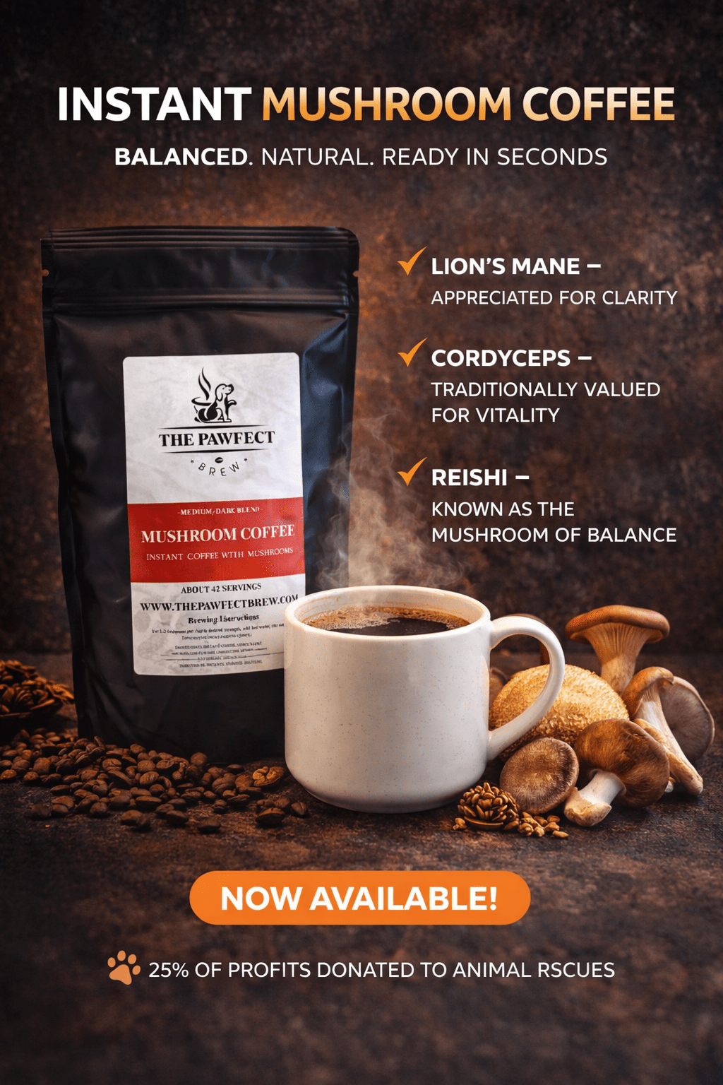 Mushroom Coffee Instant with Lion’s Mane, Reishi & Cordyceps - The Pawfect Brew
