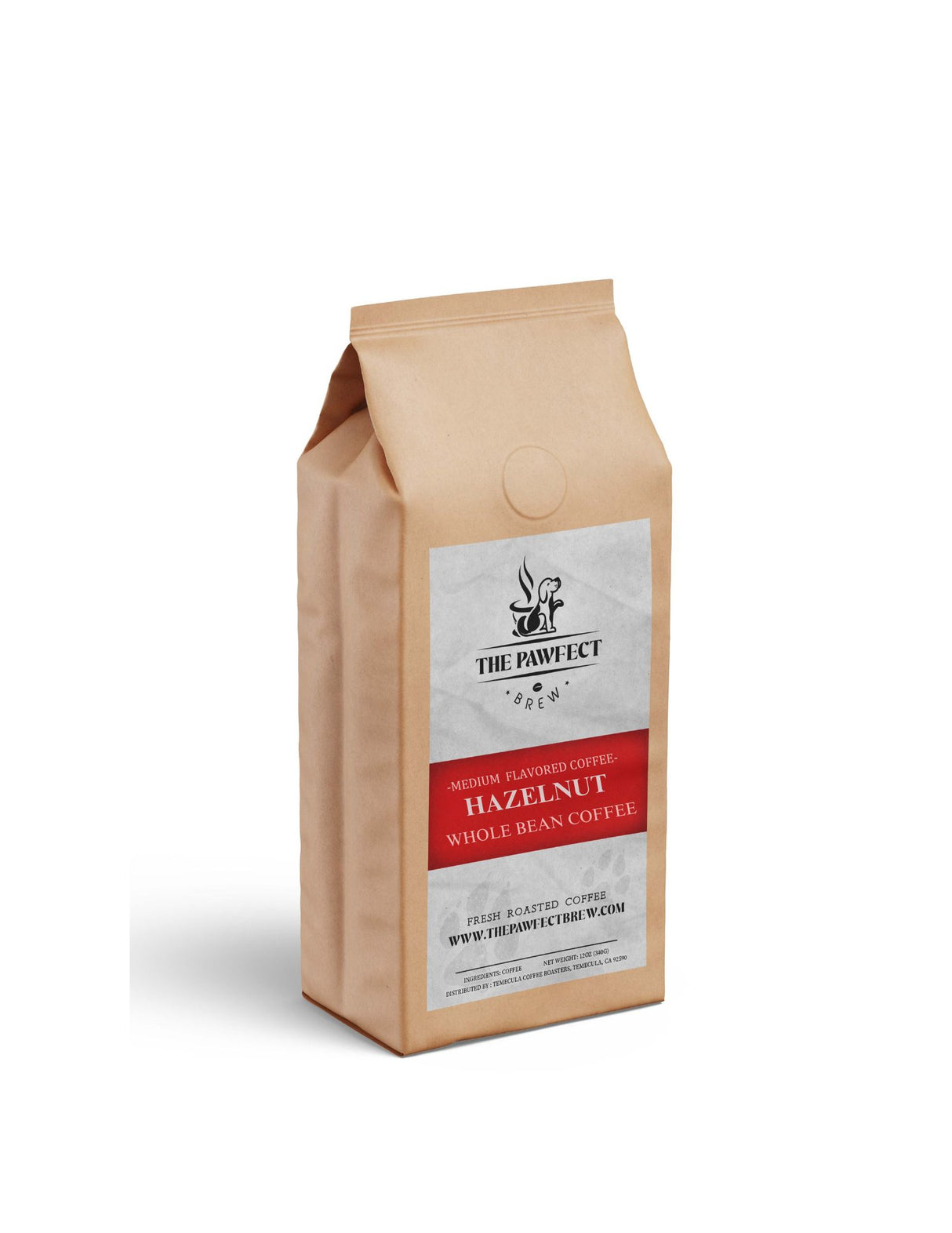 Bag of Hazelnut flavored whole bean coffee by The Pawfect, showcasing rich flavor and medium roast.