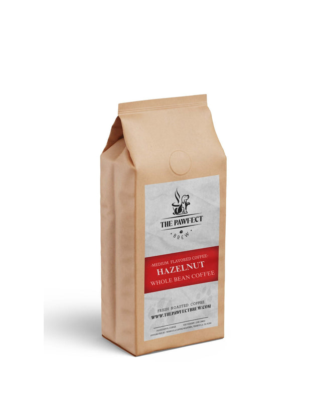 Bag of Hazelnut flavored whole bean coffee by The Pawfect, showcasing rich flavor and medium roast.