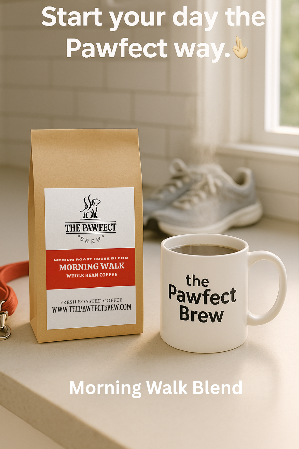 Morning Walk Blend coffee bag and mug on kitchen counter with morning light.