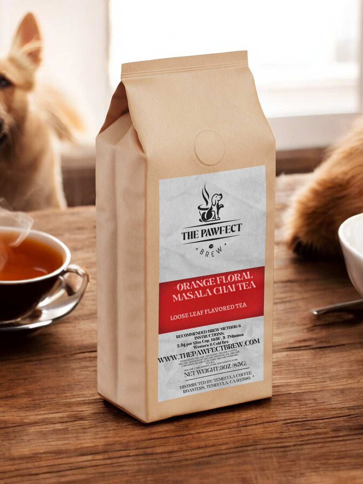 Orange Floral Masala Chai Tea loose leaf package next to a cup of tea, showcasing its bold flavor and aroma.