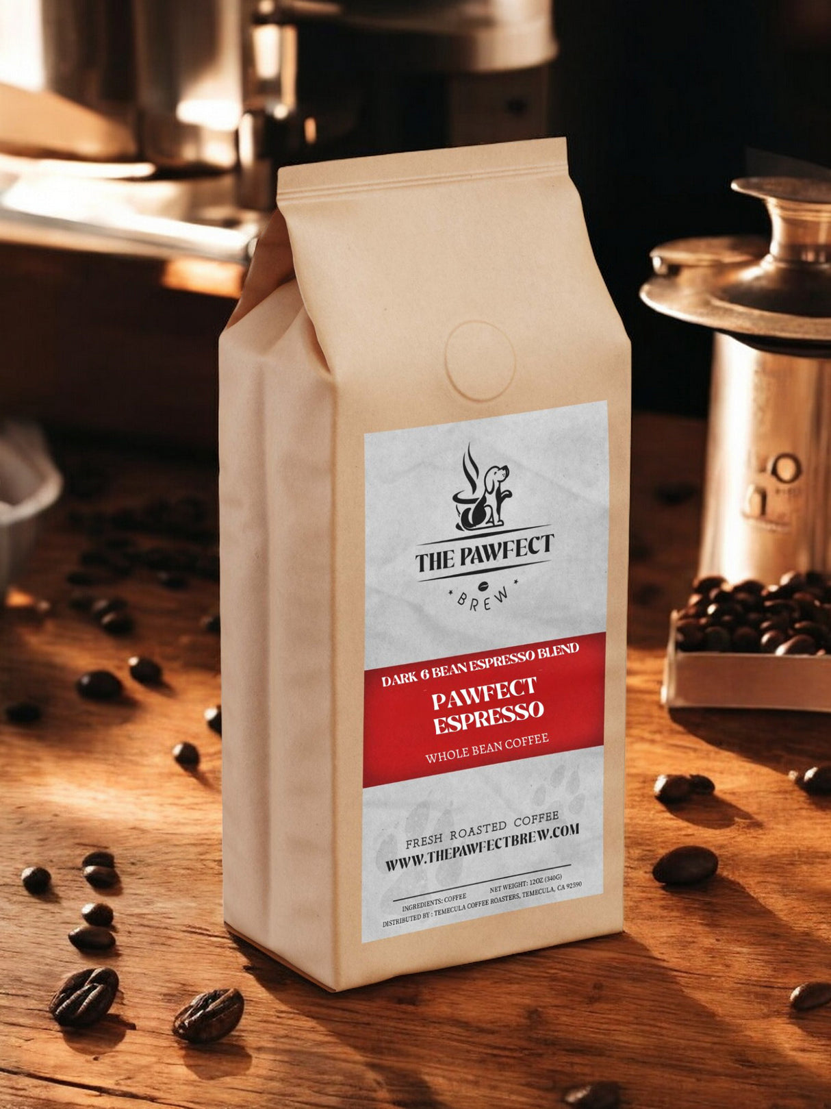 Pawfect Espresso Blend (6Bean) Dark Roast coffee bag on wooden table with coffee beans.