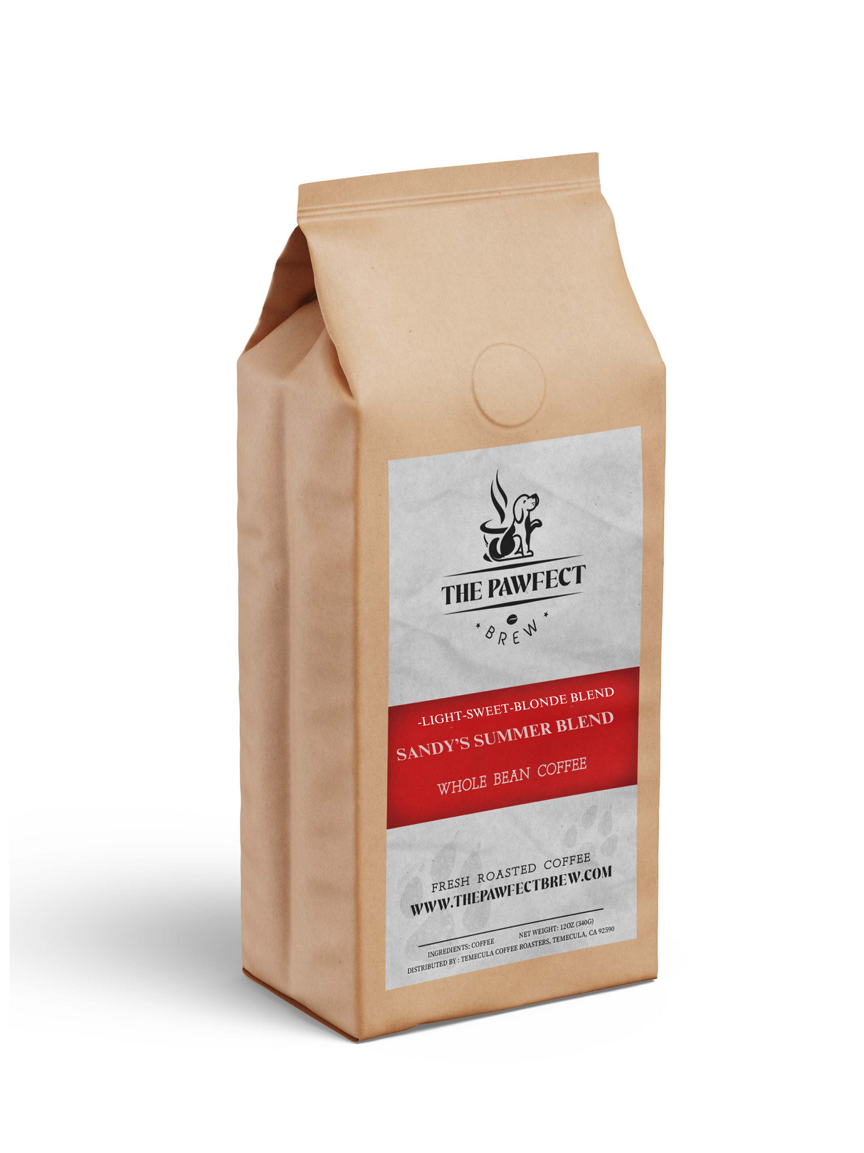 Package of Sandy's Summer Blend whole bean coffee, featuring light, sweet blonde espresso for a refreshing summer brew.