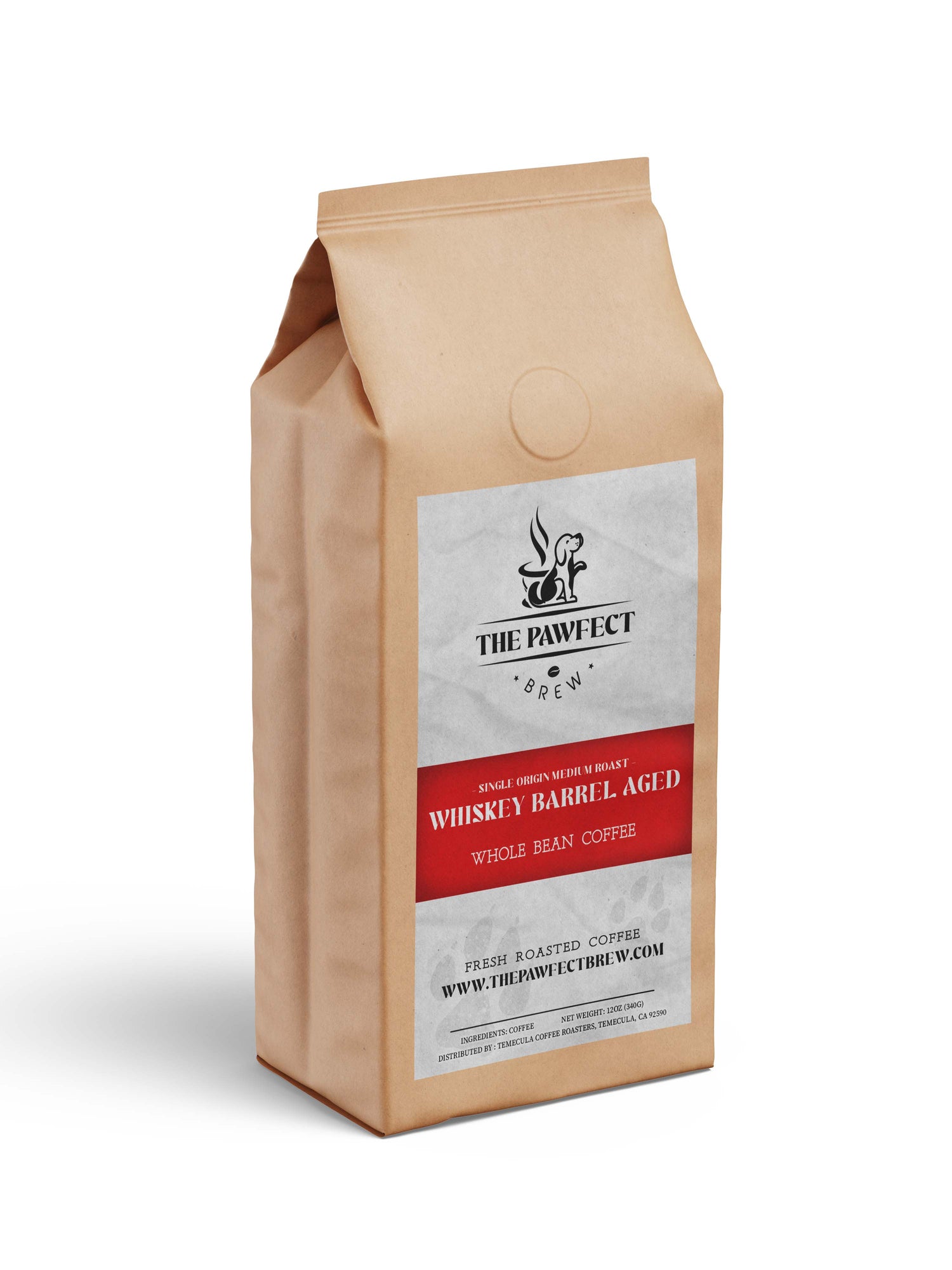 Whole bean coffee bag of Whiskey Barrel Aged coffee by The Pawfect Brew, showcasing unique flavors.