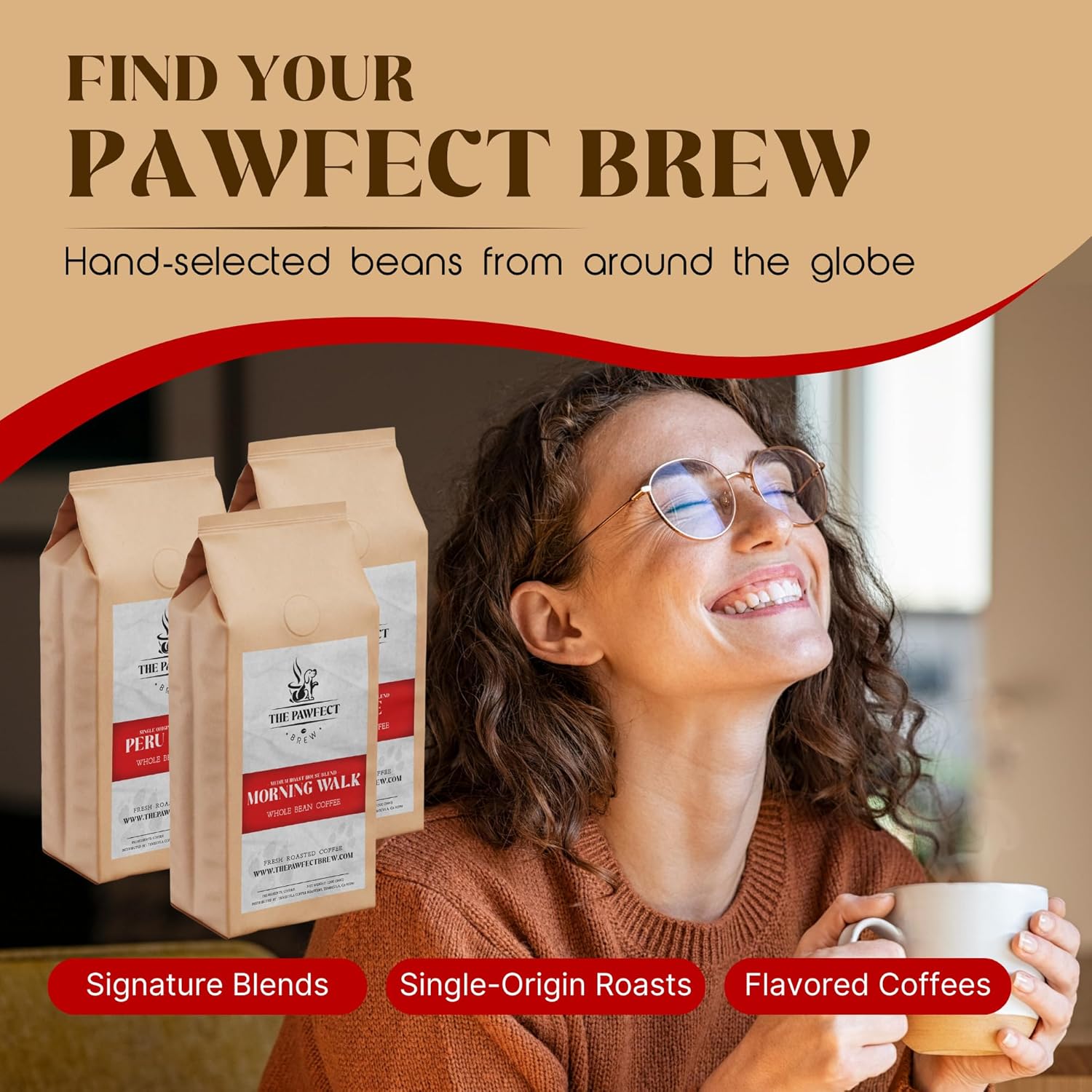 Woman enjoying coffee with Morning Walk blend bags in view, promoting a perfect brew for dog lovers.