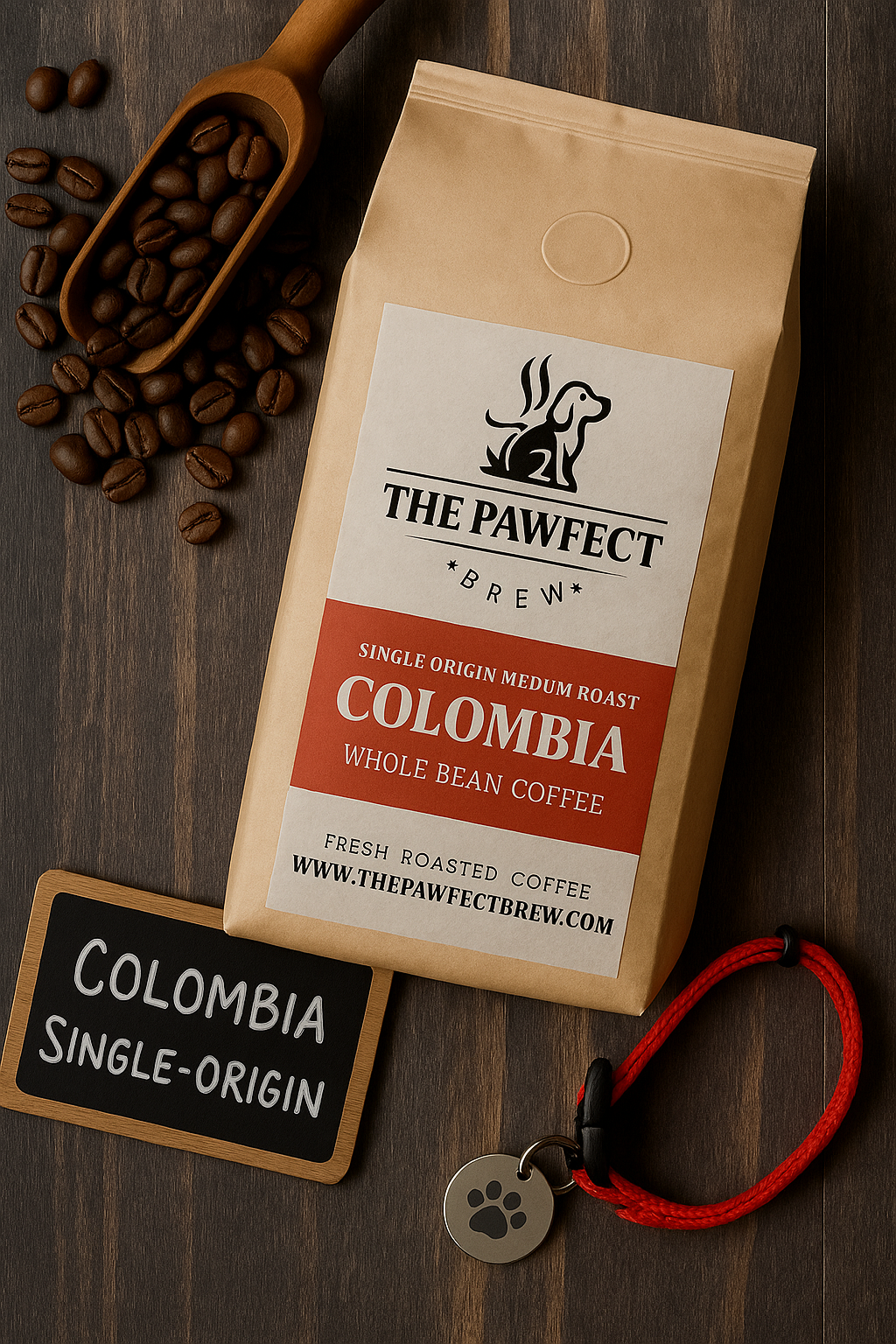Colombia Single Origin Medium Roast coffee bag with whole beans on wooden surface.
