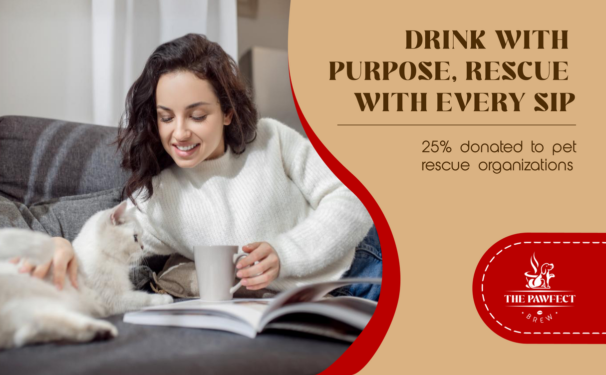 Woman enjoying coffee on a couch with a cat, promoting The Pawfect Brew Mushroom Coffee Medium Roast, donating 25% to pet rescue organizations.
