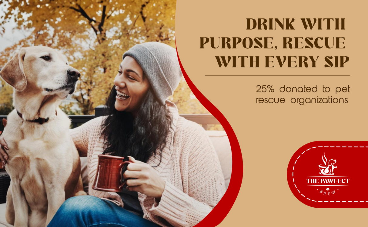 Woman enjoying a drink with her dog, promoting The Pawfect Brew coffee with a purpose to support pet rescue organizations.