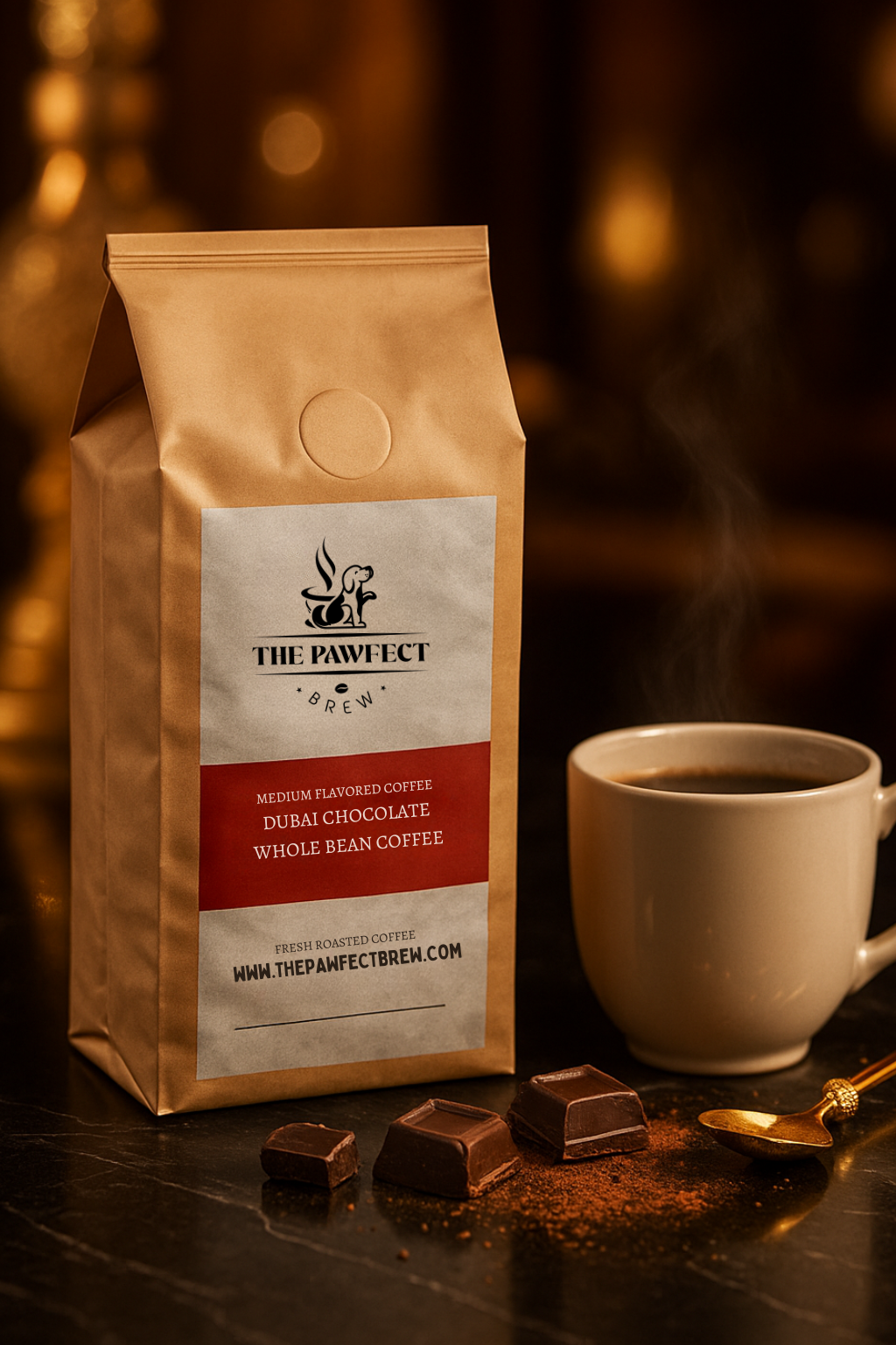 Dubai Chocolate flavored coffee with whole beans and a cup of coffee beside chocolate pieces.