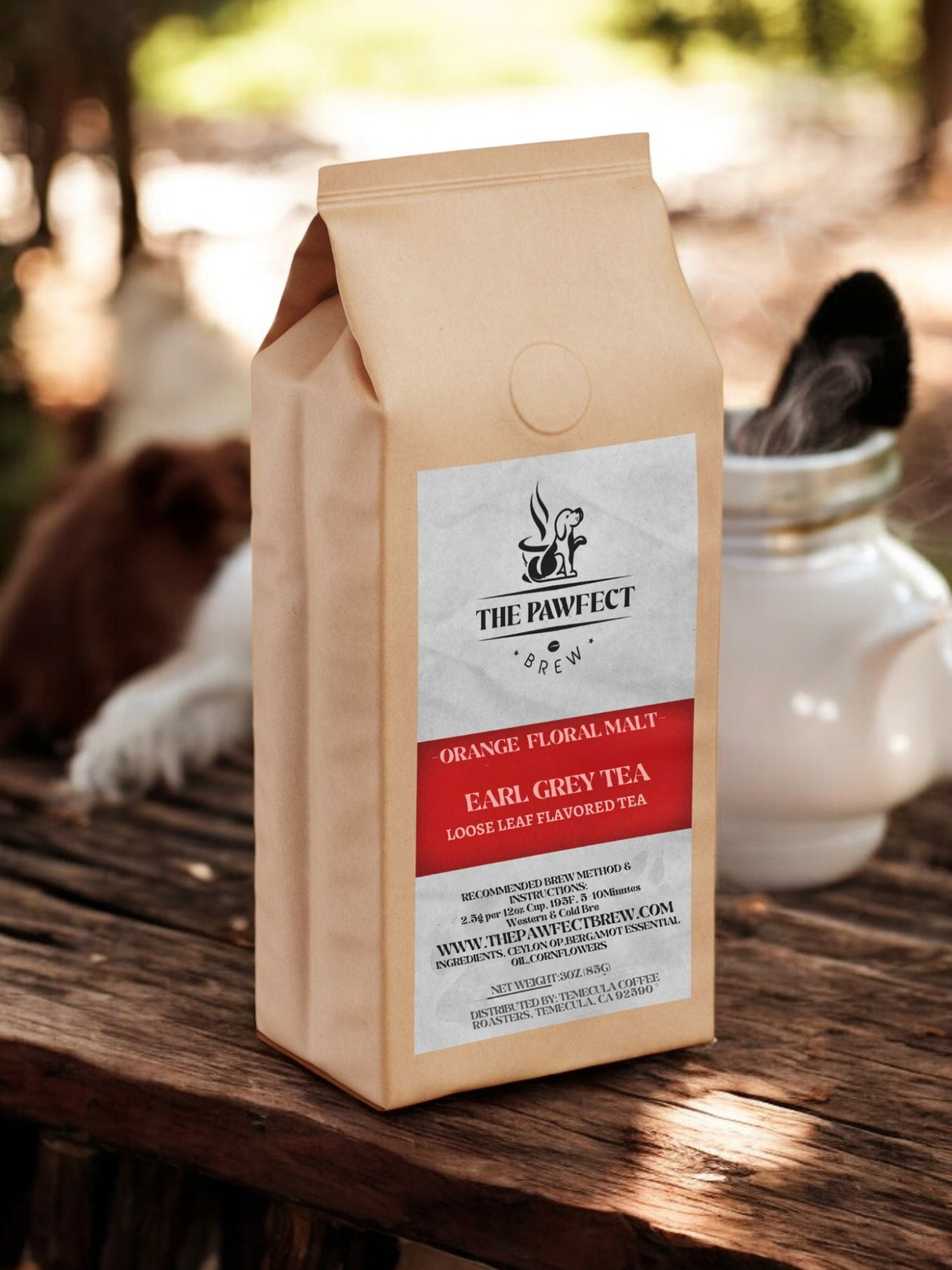 Earl Grey Tea loose leaf packaging with orange and floral notes on rustic wooden table.