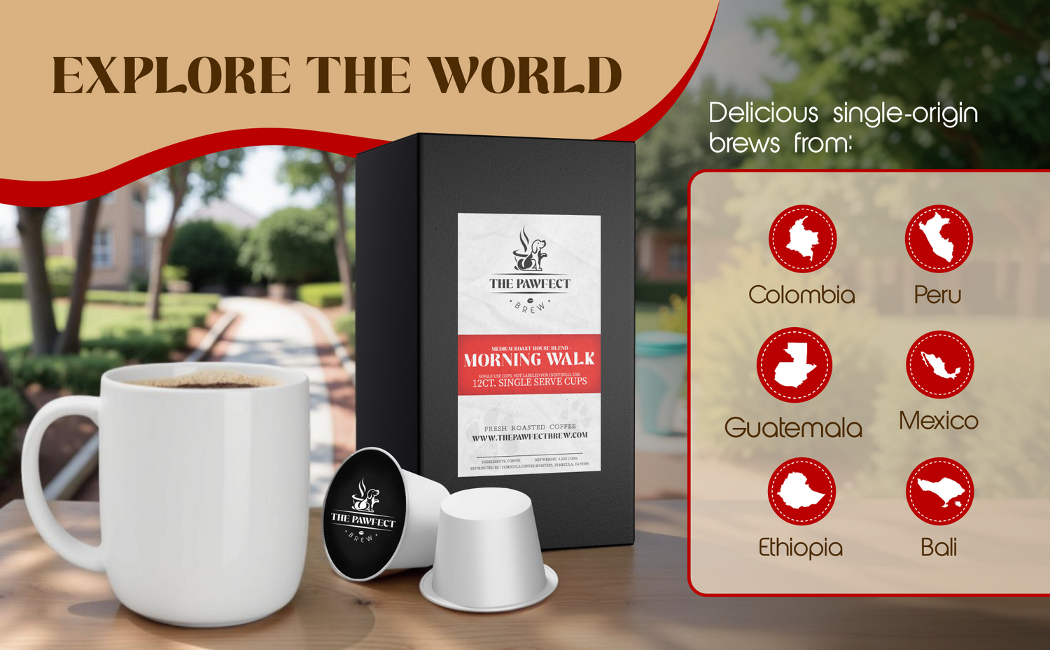 Explore the world with Morning Walk K-Cups in a serene outdoor setting, showcasing single-origin brews.