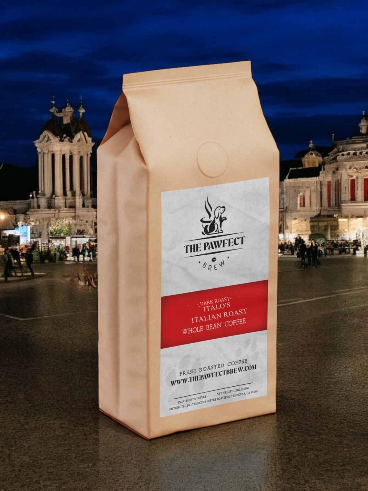 Italo's Italian Roast coffee bag featuring whole beans, set against a scenic town backdrop, highlighting Sicilian charm.