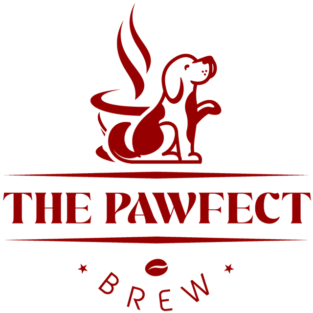 Logo of The Pawfect Brew featuring a dog and coffee cup with steam.