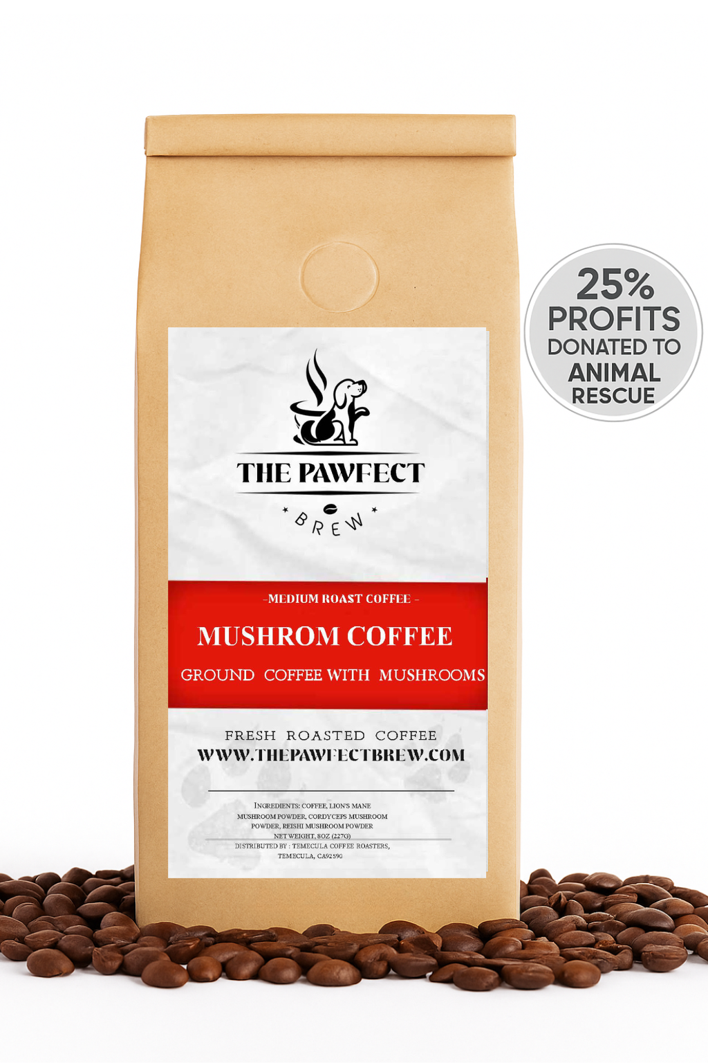 Mushroom Coffee Medium Roast - Ground coffee with mushrooms in eco-friendly packaging.