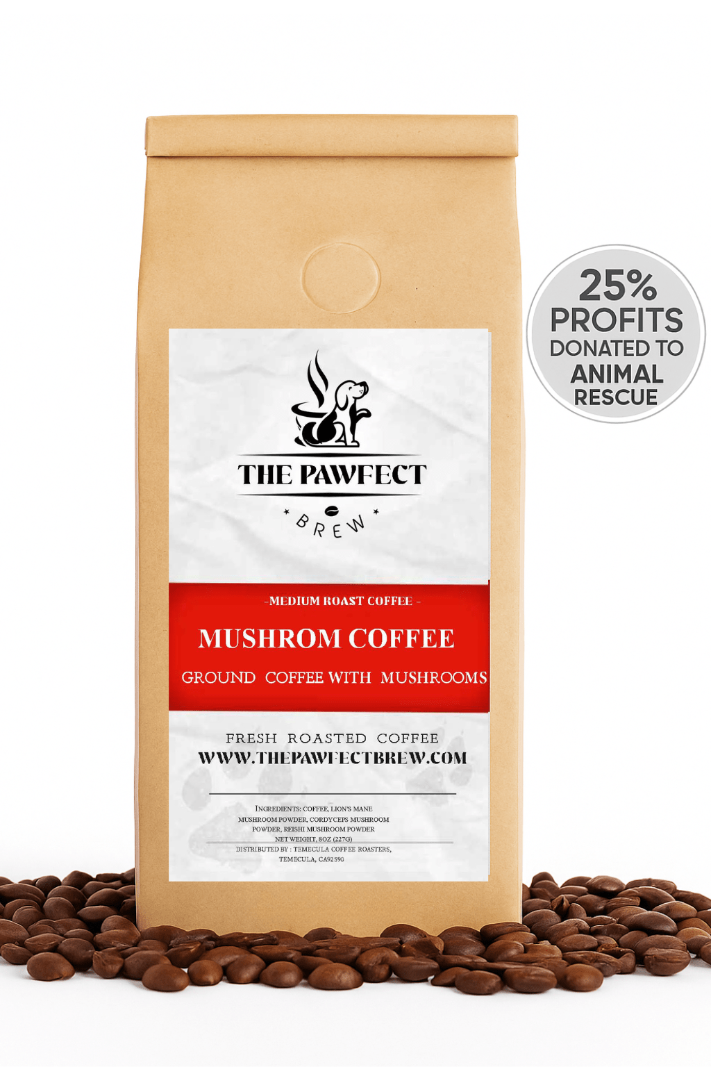 Mushroom Coffee Medium Roast with Lion’s Mane, Reishi & Cordyceps - The Pawfect Brew