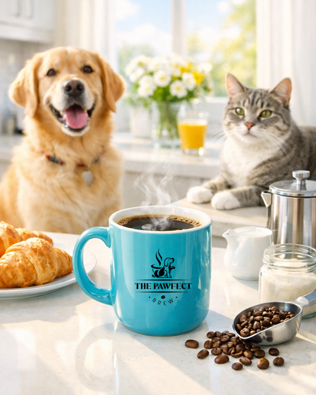 Image of a dog and cat beside a steaming cup of coffee, emphasizing How Buying Coffee Can Help Animal Rescues.