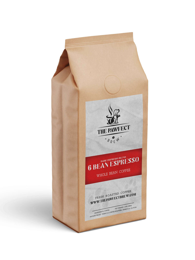 6 Bean Espresso whole bean coffee bag featuring dark roast blend from The Pawfect Brew.