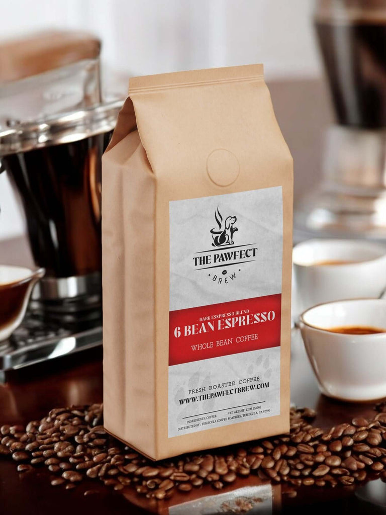 6 Bean Espresso coffee bag displaying rich dark blend, surrounded by espresso cups and coffee beans.