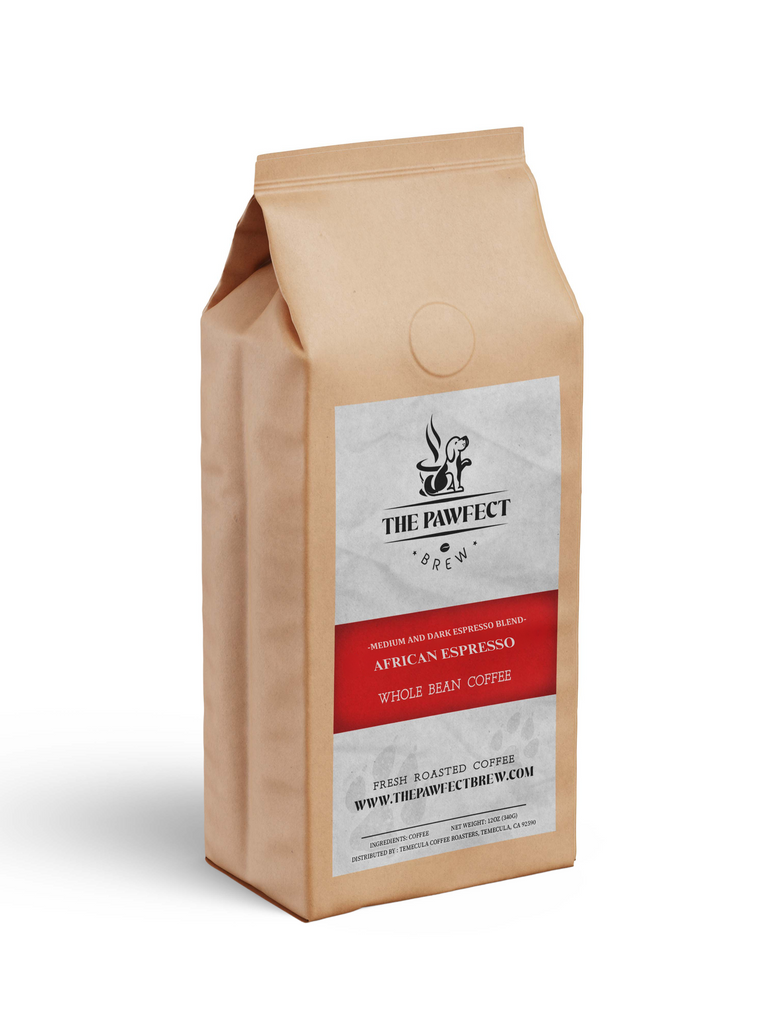 Bag of The Pawfect Brew African Espresso whole bean coffee, medium and dark roast with a smooth flavor profile.