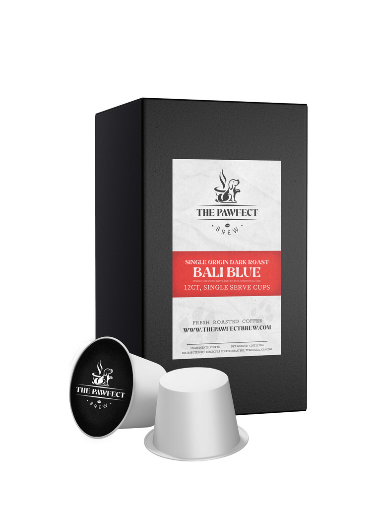 Bali Blue K-Cups box featuring 12 single serve cups, premium dark roast coffee from Indonesia.