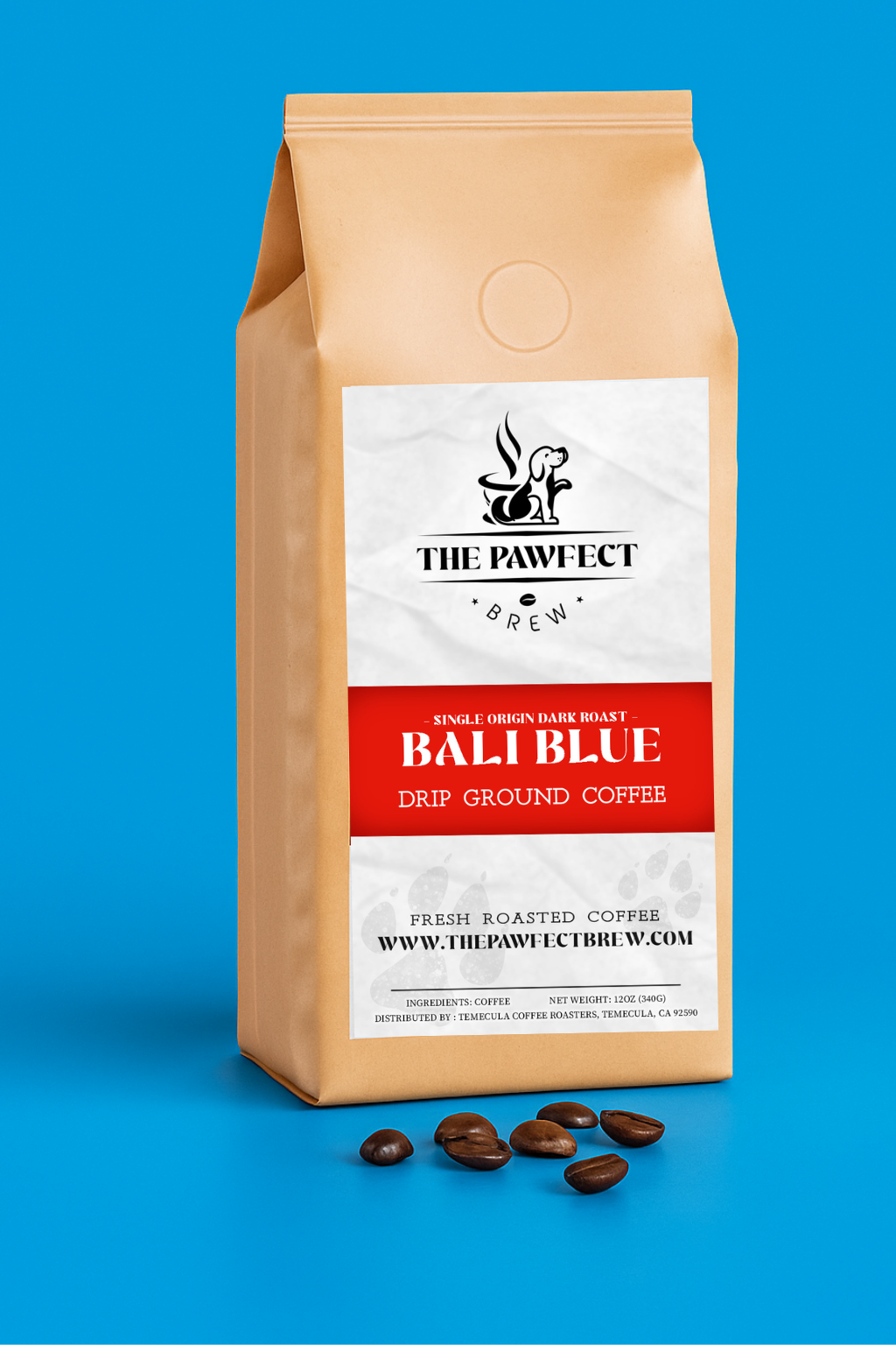 Bali Blue single origin medium dark roast coffee bag with coffee beans on blue background.