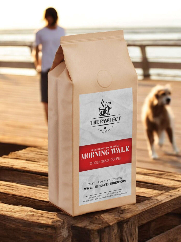 Morning Walk Blend coffee bag design by The Pawfect Brew, featuring a dog and scenic outdoor setting.