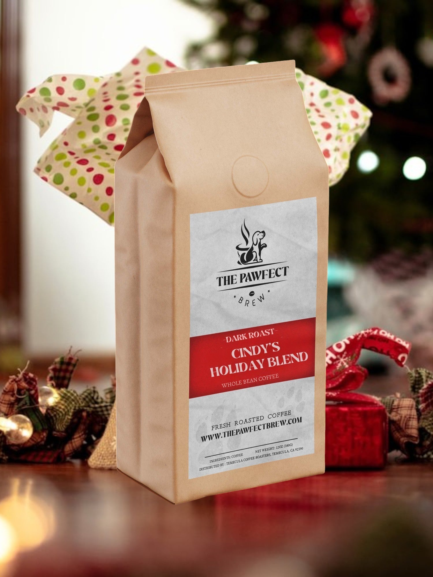 Cindy's Holiday Blend coffee bag, festive dark roast, celebrating a beloved Shih Tzu's spirit during the holidays.