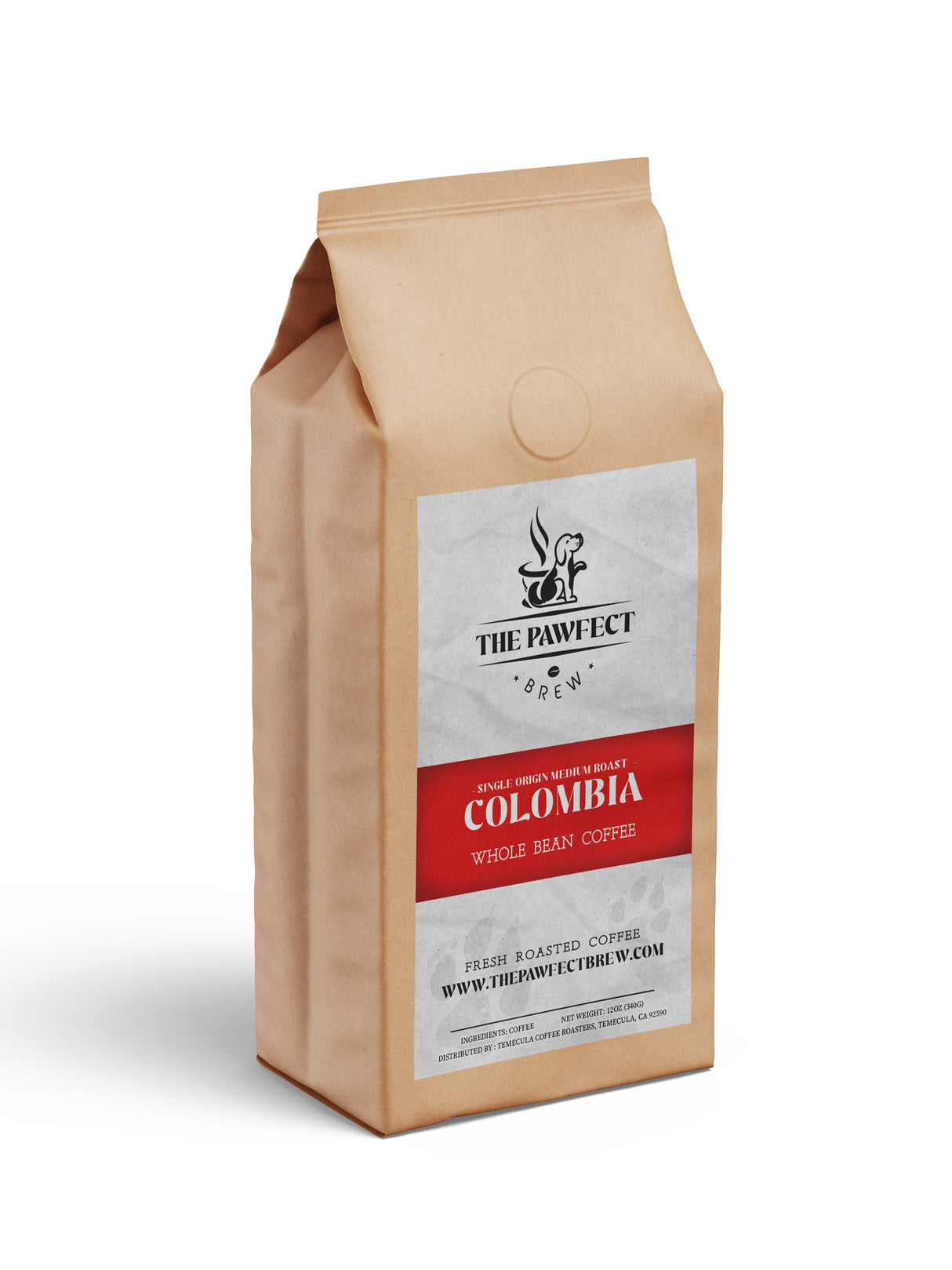 Whole bean Colombian coffee bag from The Pawfect Brew, featuring medium roast and rich flavor notes.