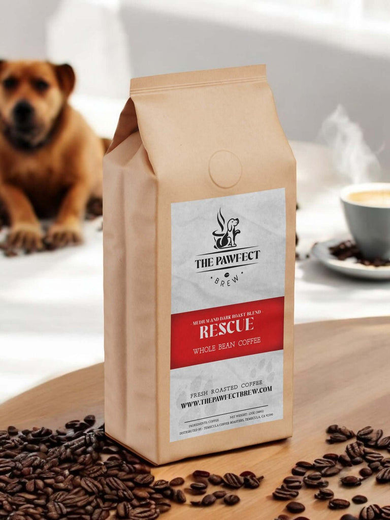 Rescue Blend coffee bag with coffee beans and a dog in the background, celebrating pet adoption and joy.