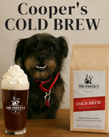 Cooper's Cold Brew coffee packaging alongside a refreshing cold brew drink and a cute dog.