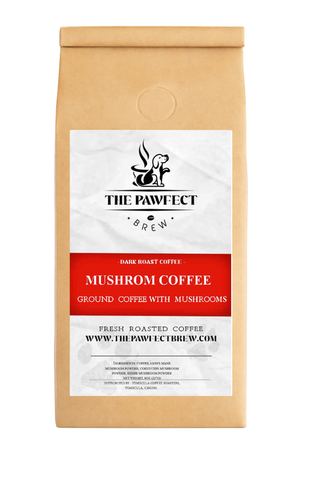 Mushroom Coffee Dark roast coffee blend with Lion’s Mane, Cordyceps, and Reishi mushrooms on packaging.