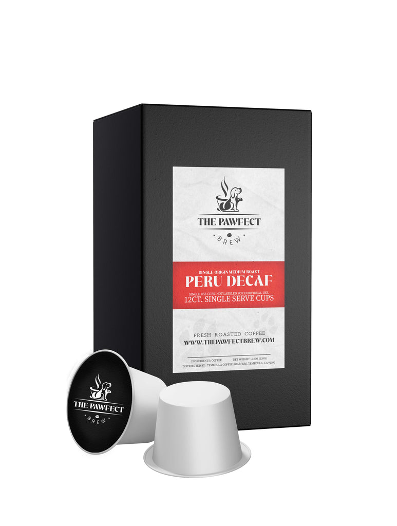 Peru Decaf K-Cups by The Pawfect, featuring 12 single-serve cups in a sleek black box.