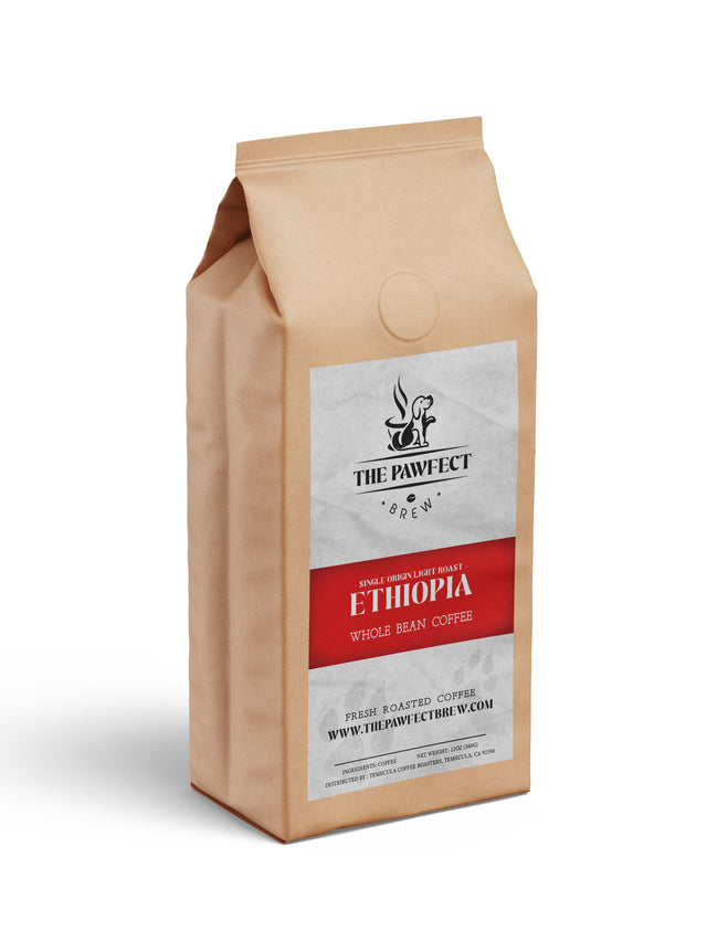 Ethiopia whole bean coffee bag from The Pawfect Brew, featuring rich flavor and medium-light roast.