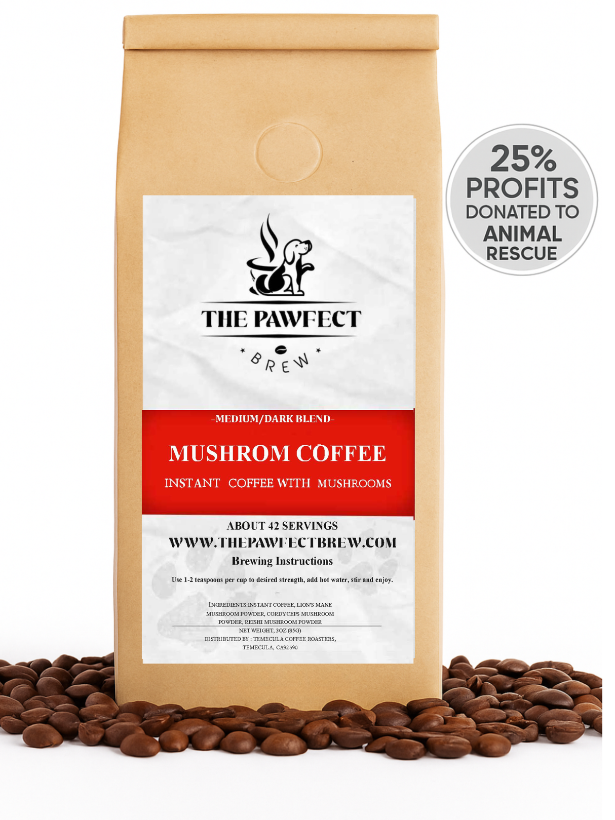 Mushroom Coffee Instant, functional mushroom coffee, medium/dark blend, 25% profits donated to animal rescue.