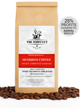 Mushroom Coffee Instant, functional mushroom coffee, medium/dark blend, 25% profits donated to animal rescue.