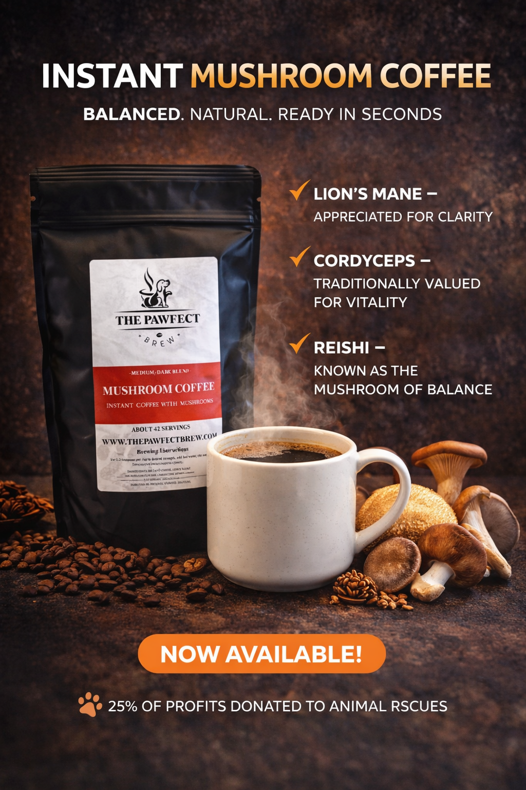 Mushroom Coffee Instant with Lion’s Mane, Reishi & Cordyceps