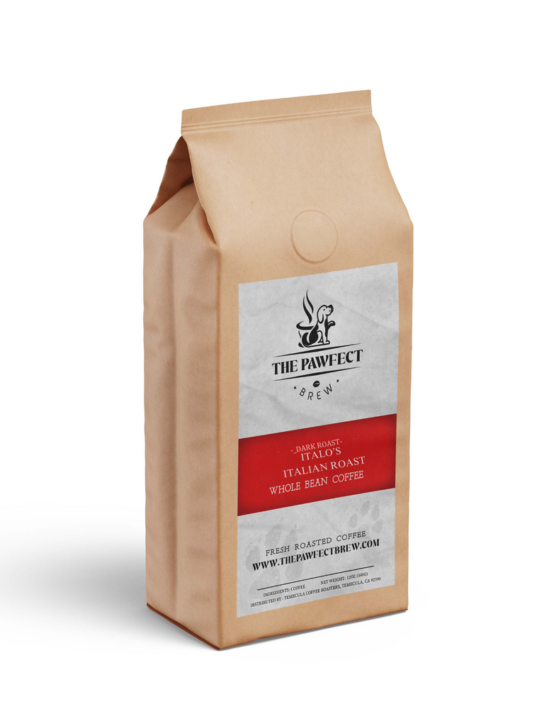 Italo's Italian Roast whole bean coffee bag by The Pawfect Brew in brown kraft packaging.