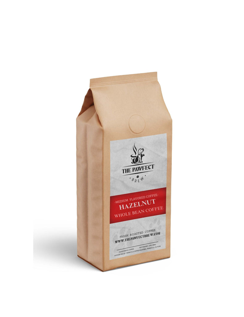 Bag of Hazelnut flavored whole bean coffee by The Pawfect, showcasing rich flavor and medium roast.