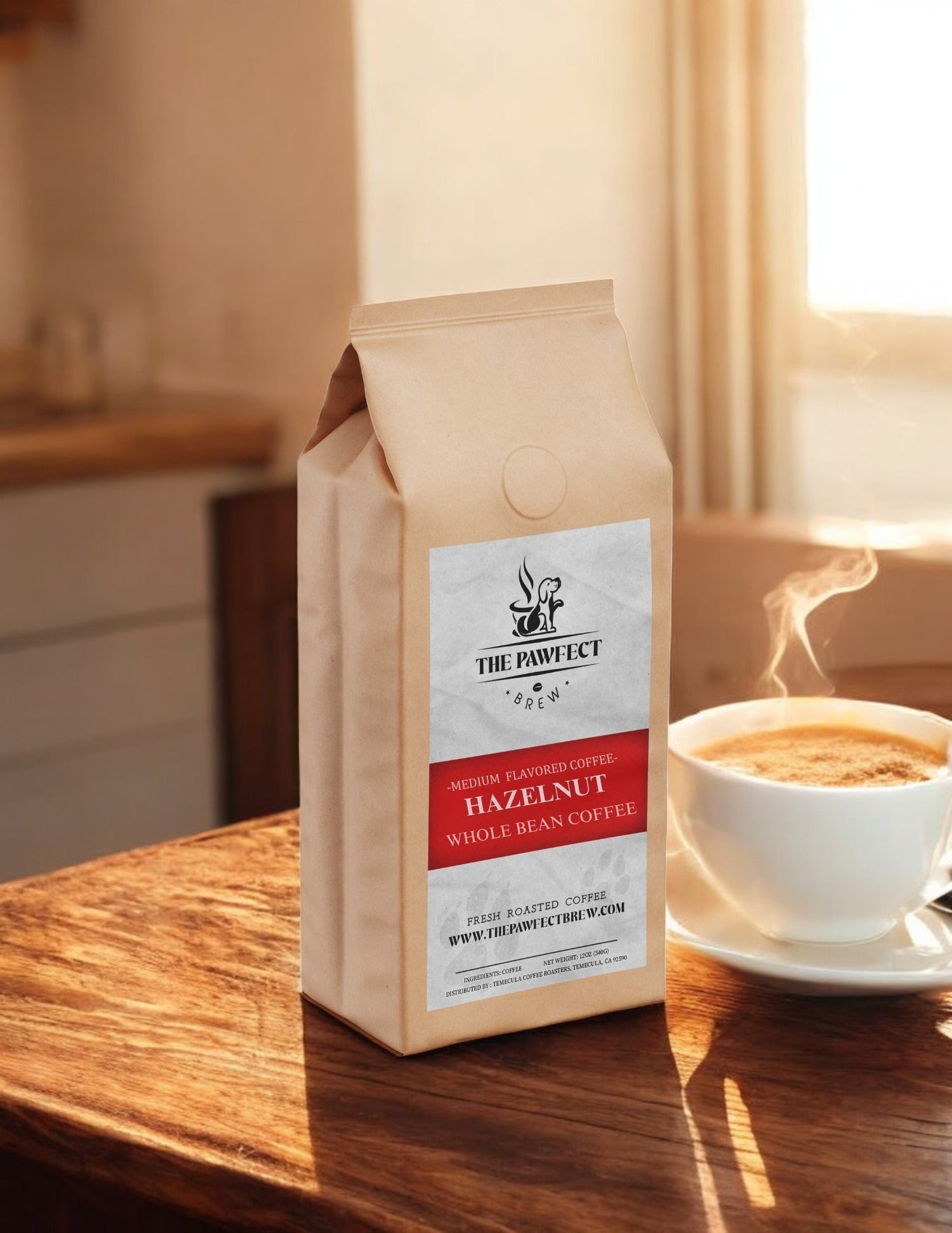 A bag of Hazelnut medium roast whole bean coffee beside a steaming cup of coffee on a wooden table.