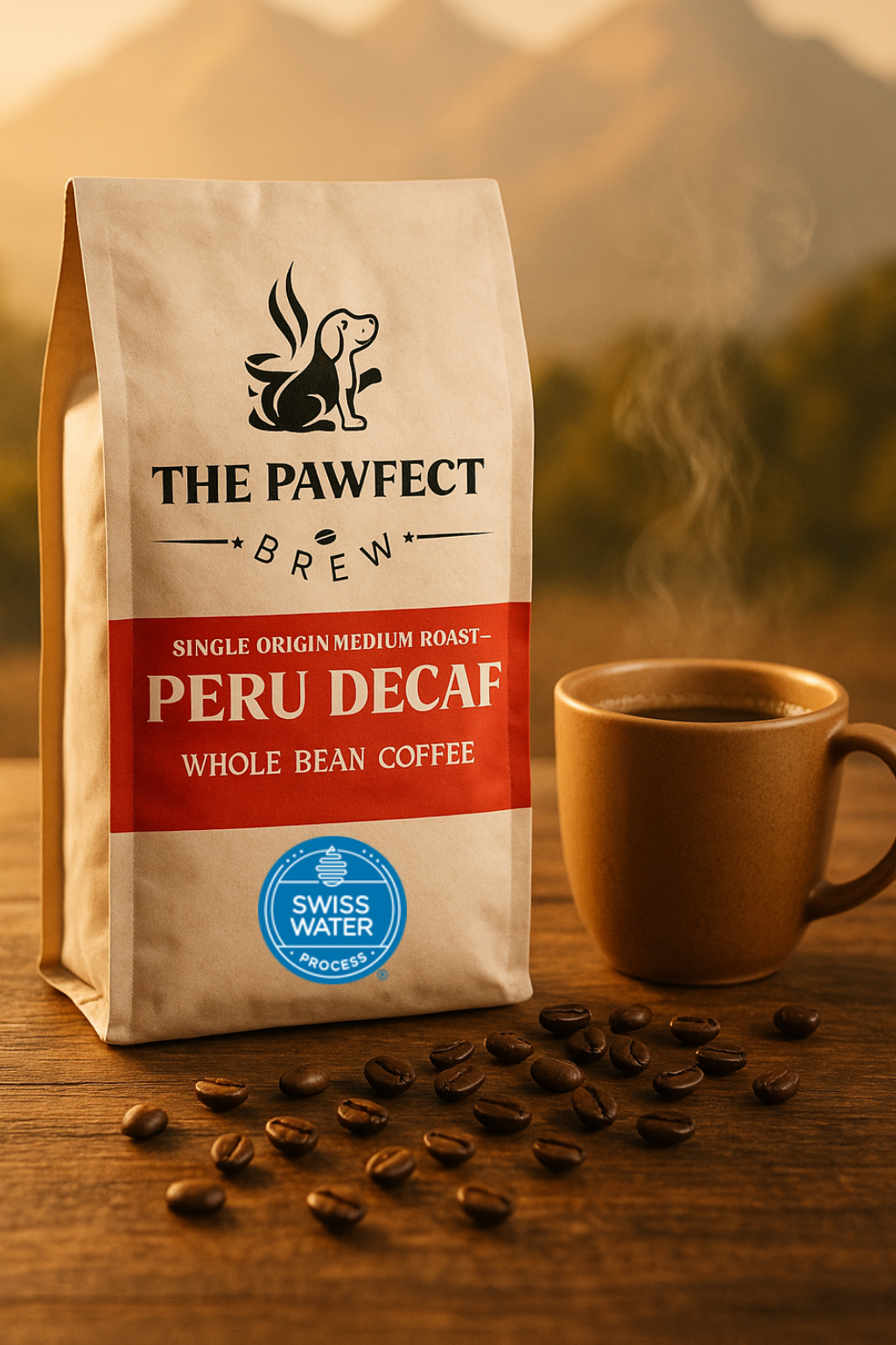 Peru Decaf single origin medium blend coffee bag beside a steaming cup and coffee beans on a wooden surface.