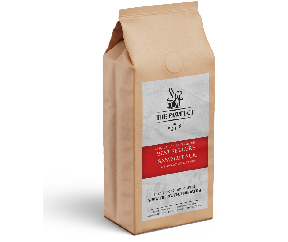 Best Sellers Sample Pack of specialty ground coffee in a brown bag from The Pawfect Brew.