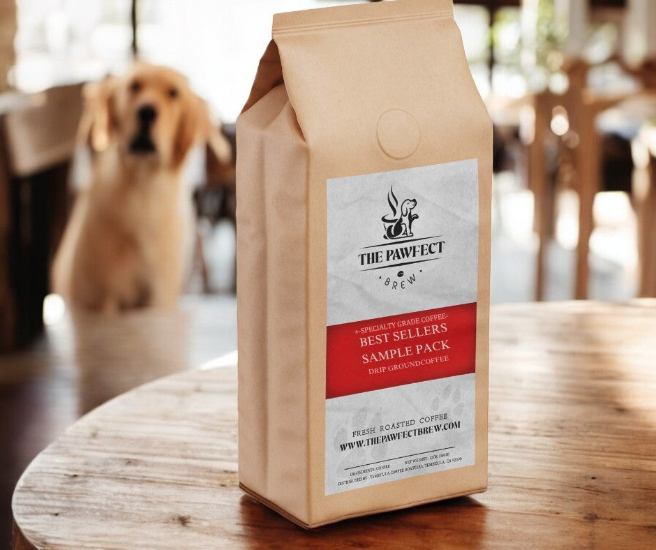 Best Sellers Sample Pack featuring specialty ground coffee in eco-friendly packaging, with a pup in the background.