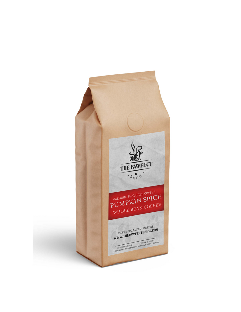 Whole bean coffee packaging for Pumpkin Spice flavored medium roast coffee, perfect for autumn indulgence.