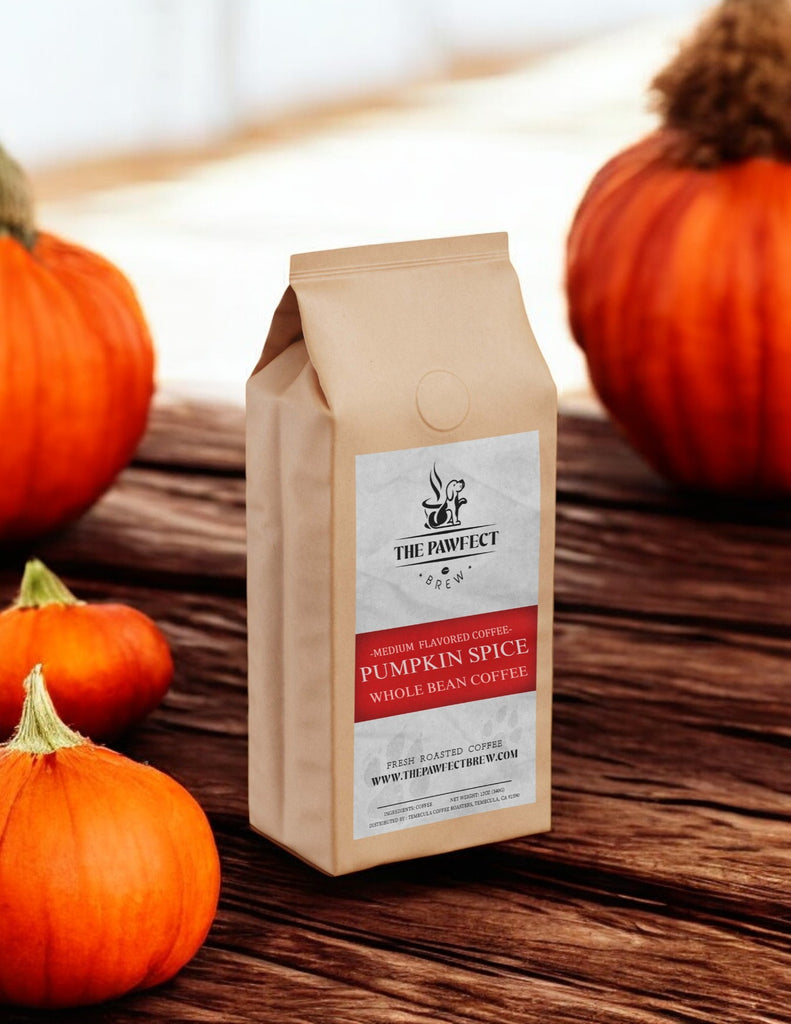Pumpkin Spice whole bean coffee bag with pumpkins, showcasing specialty coffee infused with pumpkin spice flavor.